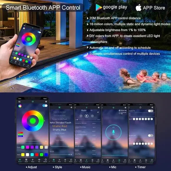 Professional LED Pool Lights, 2 Pack, Color Changing, Remote Control App Control - Picture 4 of 14